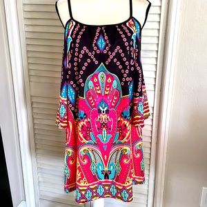 NWOT Black Exotic Print Cold Shoulder Short Bell Sleeves Dress, Size Medium